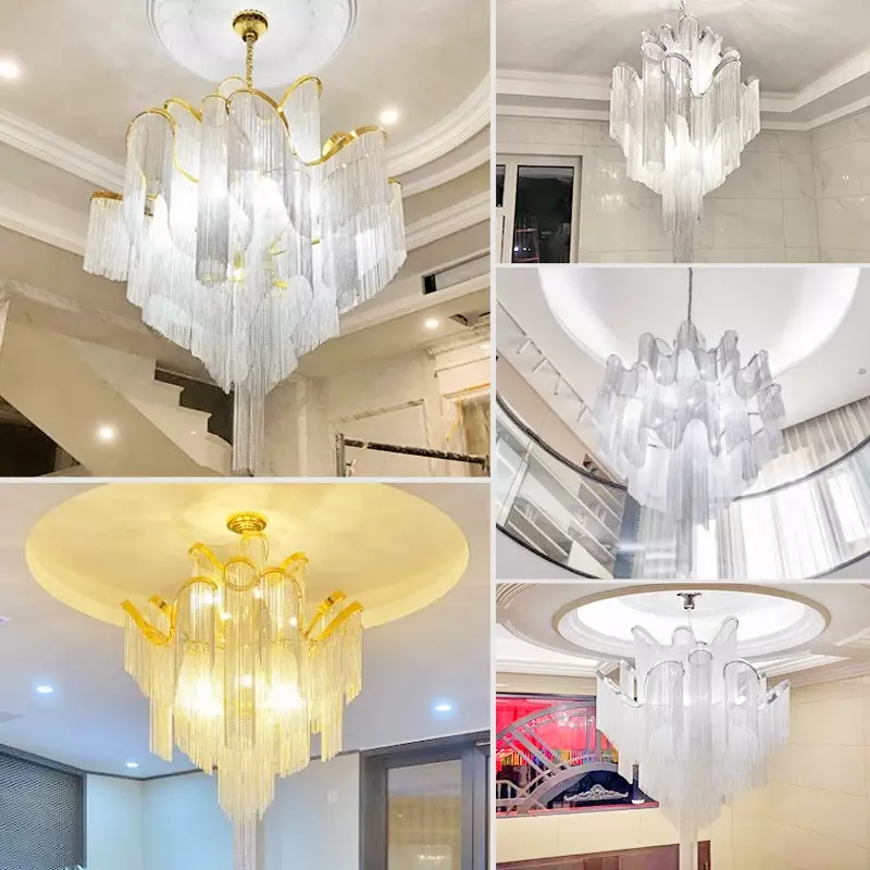Luxury Chandelier Fringed Pendant Lamp Aluminium Chain Stair Silver Gold Ceiling Light for Home Hotel Decoration Hanging Lamp
