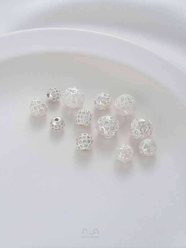 Bolas de flores huecas de plata gruesa con incrustaciones de circonita, bolas redondas de diamantes, cuentas de sandía, accesorios de cuentas hechos a mano para bricolaje