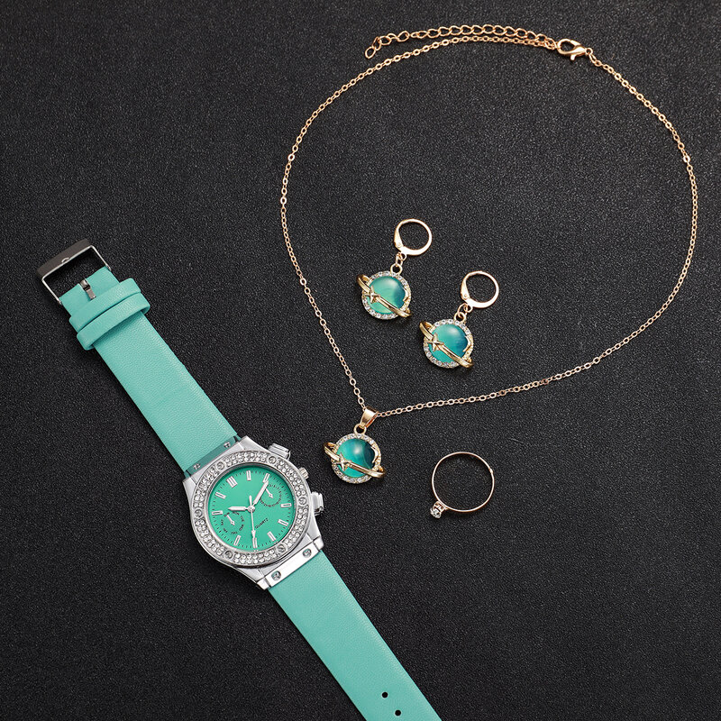 ساعة كوارتز بسوار جلدي أخضر للنساء ، مجموعة مجوهرات النجوم ، 4 صانعة