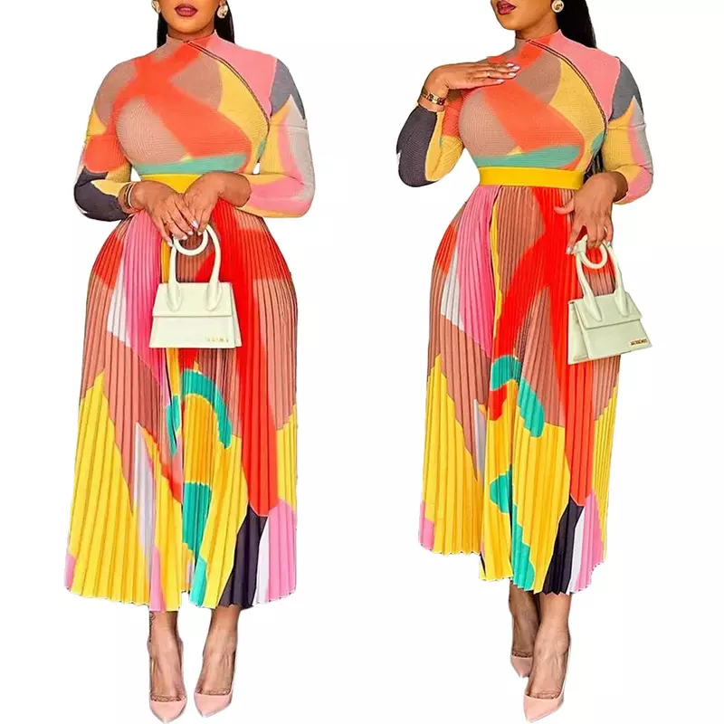فستان نسائي طويل الأكمام مطبوع برقبة دائرية ، فساتين Dashiki الأفريقية ، ملابس خريف ، 2023
