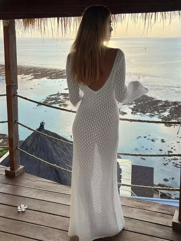 Vestido de punto de manga larga con cuello en V profundo transparente para mujer, prendas de punto de playa ahuecadas, vestido sin espalda, moda Bikin, blanco, Sexy