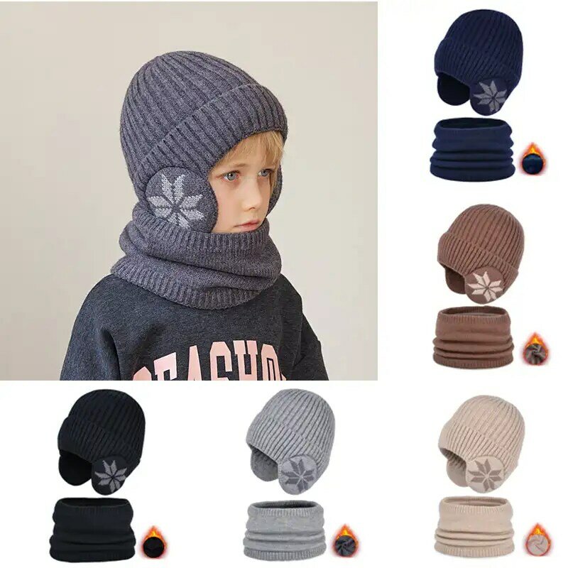 Winter Hat for Men Women Pullover Hat Scarf Suit Plus Velvet Fleece Lined Children Thick Warm Beanie Hat Male Knitted Hat Caps