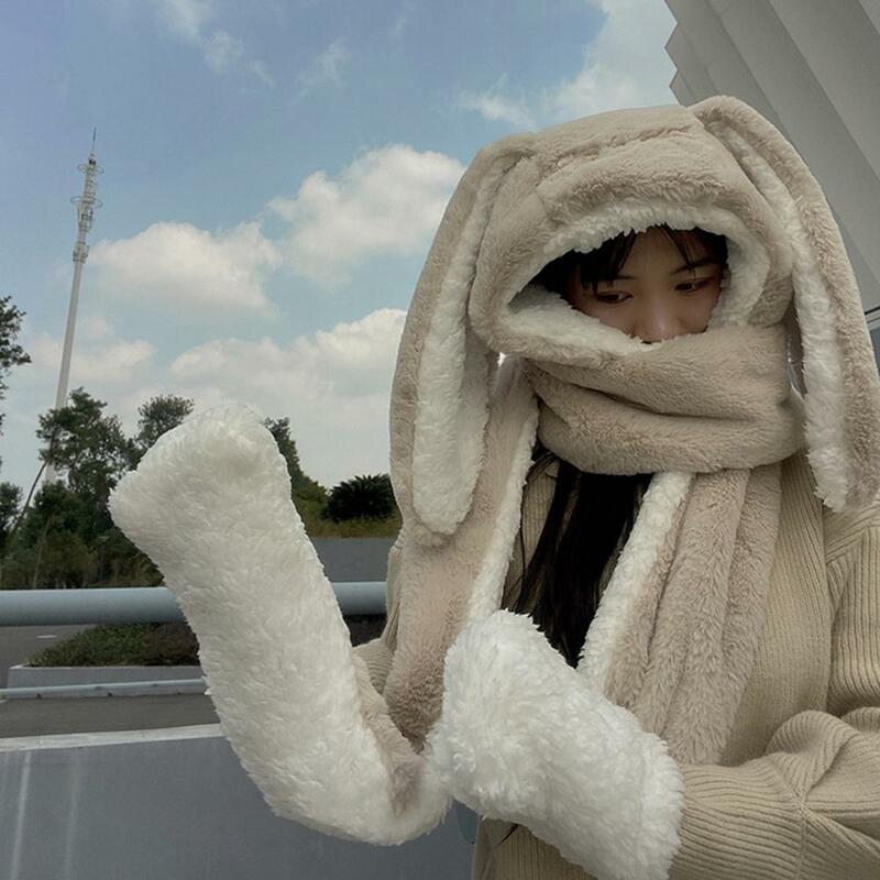 3-in-1 모자 스카프 장갑 두꺼운 플러시 긴 큰 토끼 귀 장식, 따뜻한 방풍 전체 보호 레이디 겨울 얼굴 커버 모자 보닛
