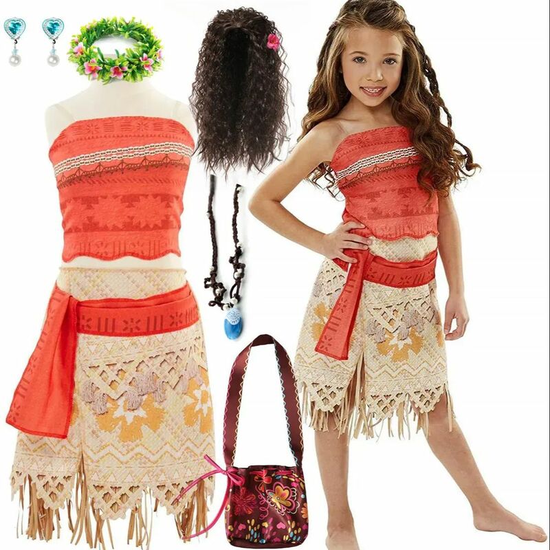 Kostum Cosplay anak perempuan Moana, pakaian Halloween, karnaval, pakaian Maui, petualangan laut, gaun putri pesta Vaiana 2024