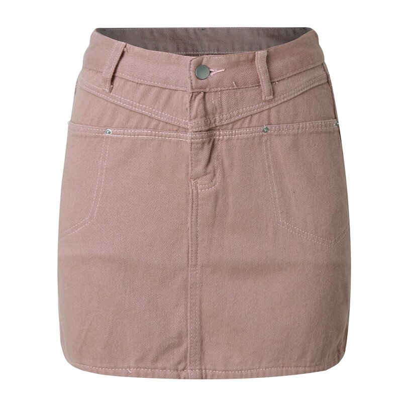 กางเกงยีนส์สีชมพูกระโปรงสั้นทรงเอเข้ารูปเอวสูงสำหรับผู้หญิงใส่ในฤดูร้อน