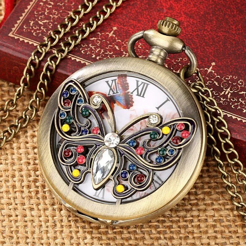Jam tangan saku kuarsa kupu-kupu emas bertatahkan berlian kristal untuk wanita, jam tangan rantai Fob Retro, rantai liontin bandul, mewah atas