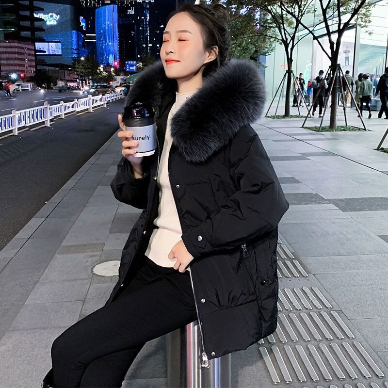 2023 New Women Down Cotton Coat Winter Jacket Female Fur Collar Loose Parkas High-end Hooded Outwear Plush Thick Overcoat