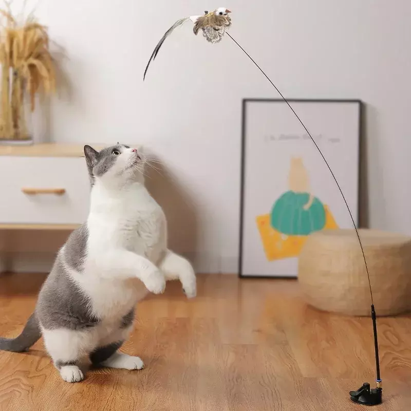 Juguete interactivo de simulación de pájaro con campana para gato, Varita Teaser, suministros para gatos