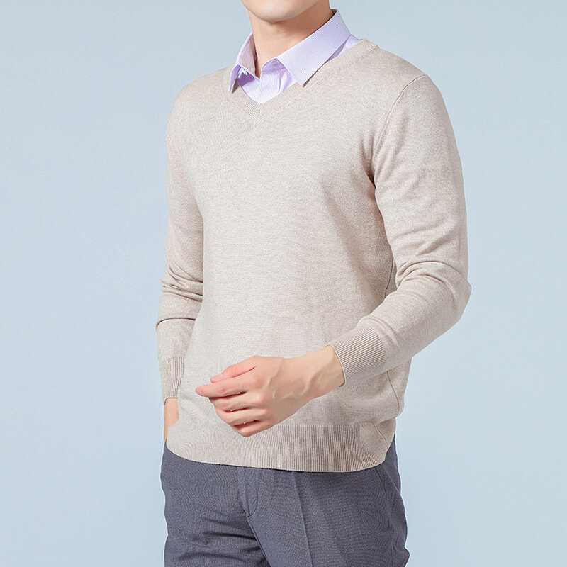 Suéter masculino solto com decote em v, pulôver casual versátil, underlay básico de malha, manga comprida, outono e inverno, 2023 £