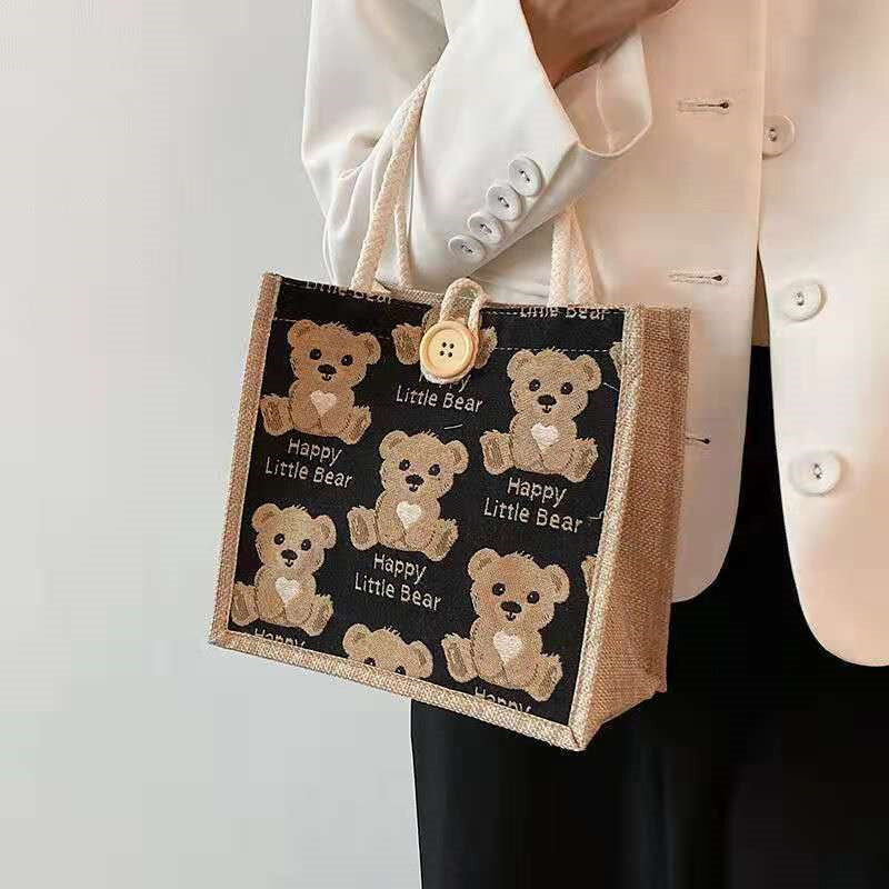 1PC Cute Bear Linen Tote Bag Female Outing Hand BagHandbag Shopping Bag Ins Japanese Small Student Shoulder Bag