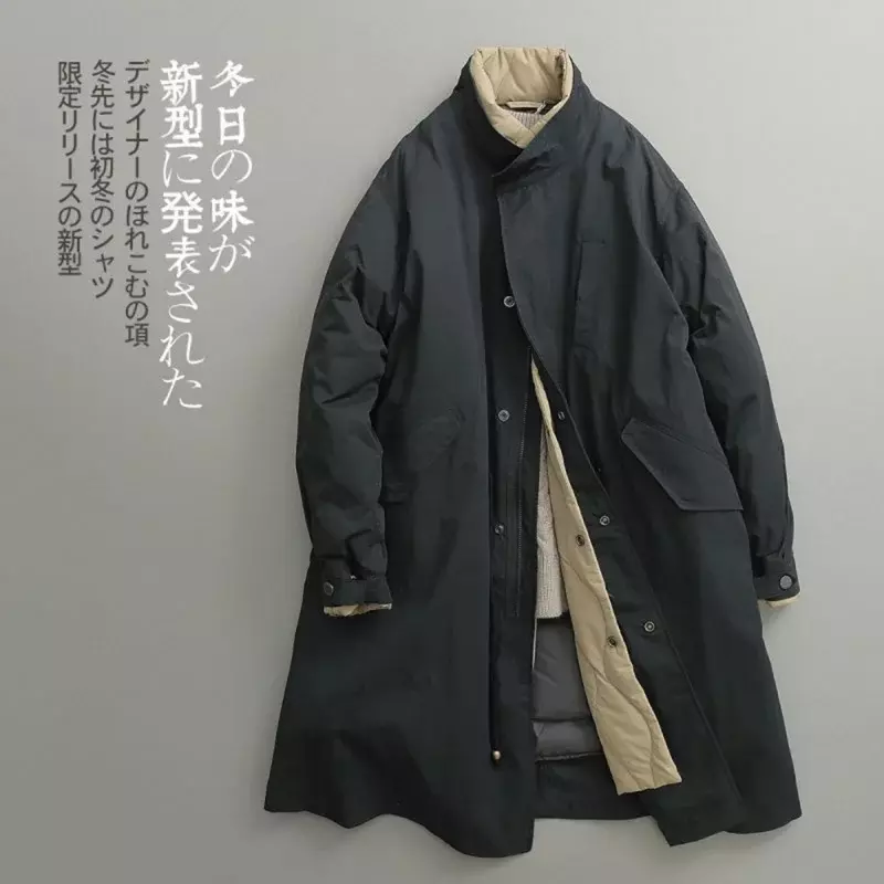 Jaqueta puffer longa retrô japonesa masculina, casaco plus size, parka verde do exército, casaco de inverno, outono, novo