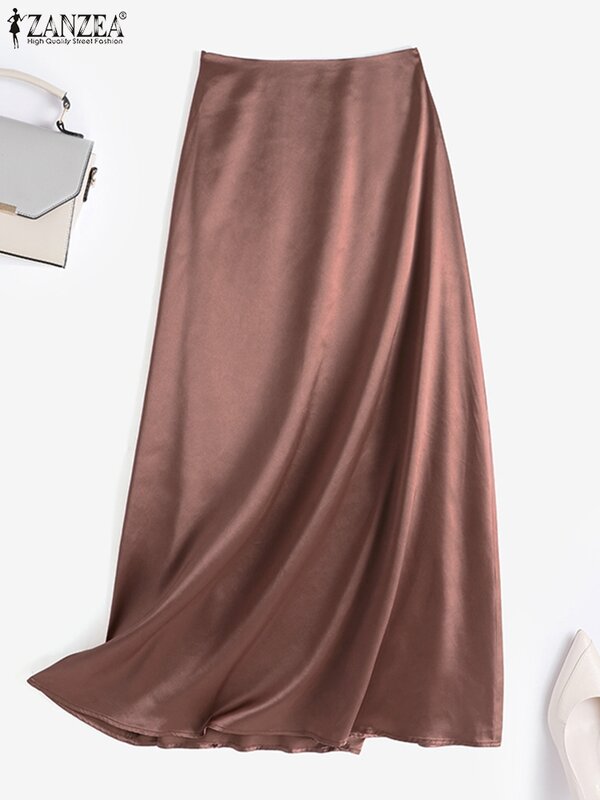 Женская атласная шелковая юбка ZANZEA весна-осень офисная юбка на молнии сзади элегантный повседневный Однотонный сарафан 2023
