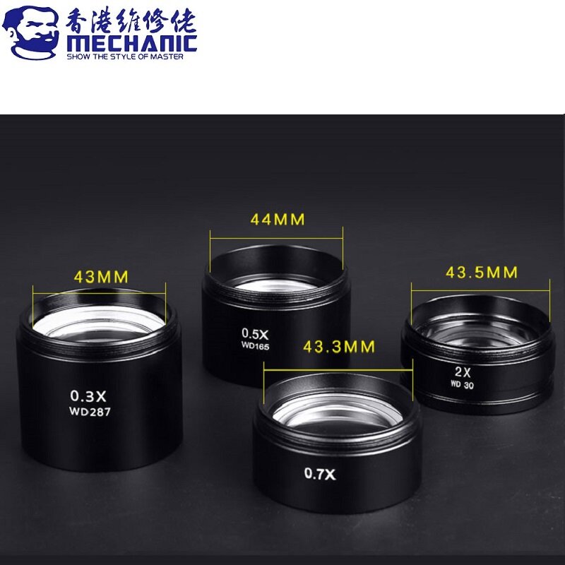 기계식 보조 대물 렌즈, 쌍안 삼안 스테레오 현미경용 광각 바로우 렌즈, 0.3X 0.5X 0.7X 2X, 48mm 스레드