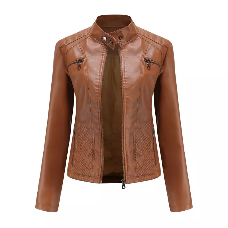 Veste de moto en cuir PU pour femme, col analogique, fermeture éclair, manteau simple, tendance de la mode, automne et hiver