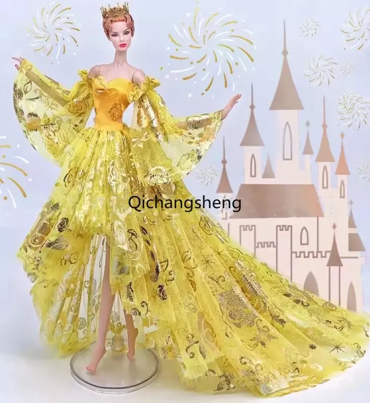 Gaun Pengantin Kuning Emas 11.5 "untuk Pakaian Boneka Barbie Gaun Fishtail Pakaian Putri untuk Pakaian Barbie 1/6 Aksesori Mainan
