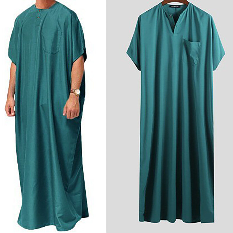2024 New Men's Muslim Middle Eastern Arab Dubai Dress Robe Short Sleeve Luxury Robe Pakistan Moroccan Muslim Men Clothing