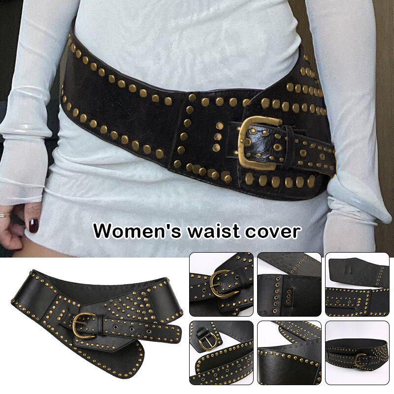 Women Punk Ultra Wide Belt Elastic Slim Body Shaper Black Brown Faux Leather Retro Rivet Waist Belt Cummerbund Shirt Dress Belt