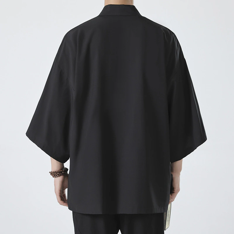 Kimono jubah Kimono untuk pria, mantel hitam Unisex, kemeja pantai musim panas, pakaian Samurai Unisex, pakaian pria Jepang