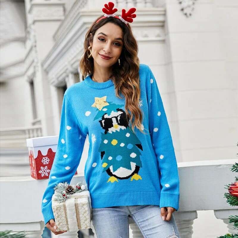 Women's Crew Neck Long Sleeve Sequin Pullover Animal Christmas Sweater