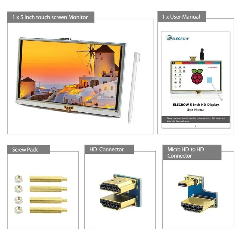 Elecrow-pantalla táctil LCD de 5 pulgadas para Raspberry Pi, Monitor TFT con bolígrafo táctil de 800x480, para Banana Pi 2B 3B +