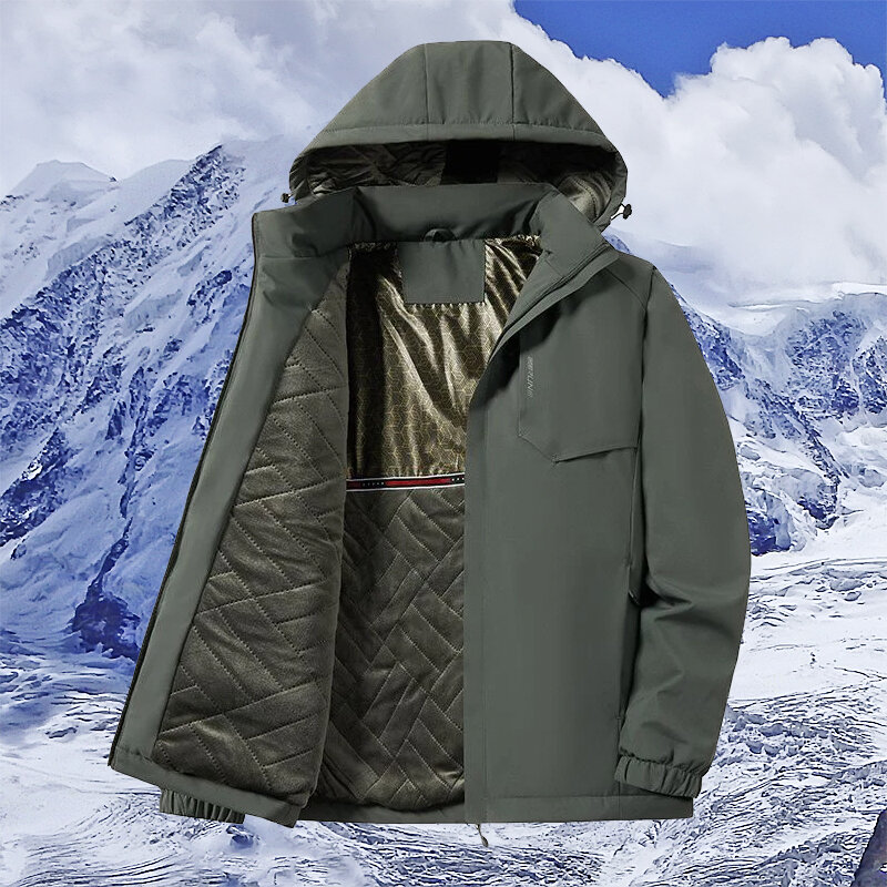 Mantel empuk pria, jaket pendek pakaian mendaki gunung hangat, pakaian penahan angin, mantel musim dingin luar ruangan