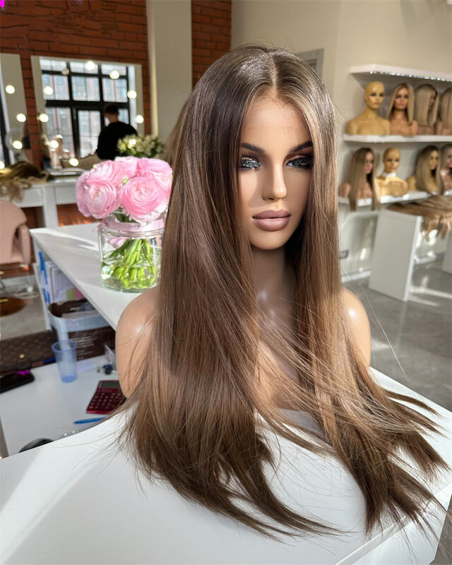 Qearl-Peluca de cabello humano liso para mujer, postizo de encaje completo 100% Natural, color marrón medio, Hd, sin pegamento, 360