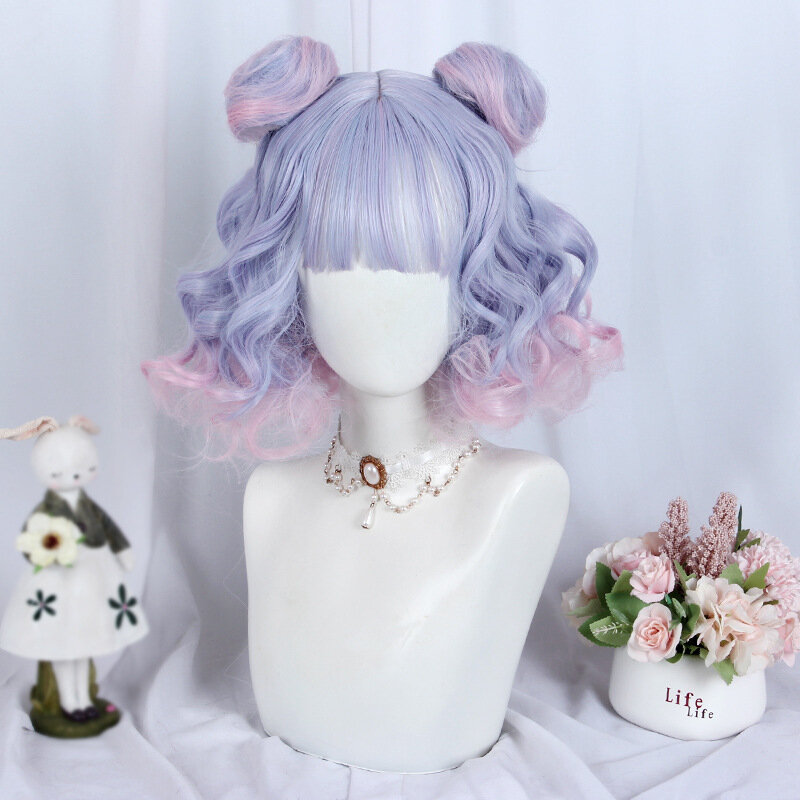 Wig bulu Harajuku lolita pink ungu, rambut palsu panjang keriting wajah gelembung warna campuran
