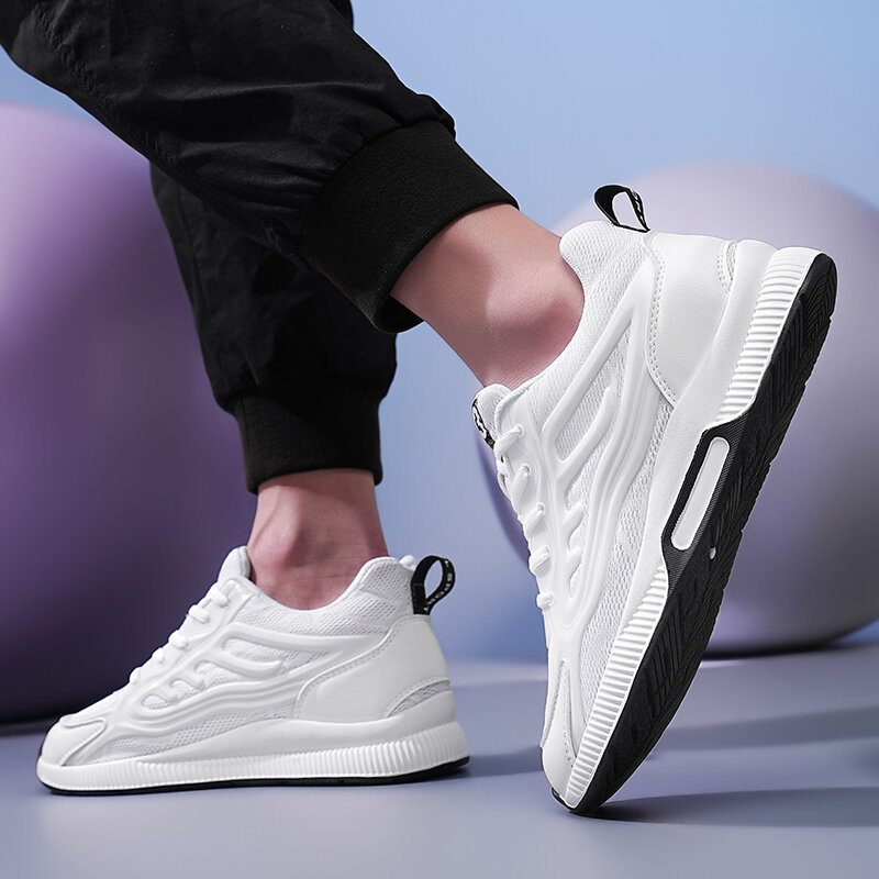 Men Chunky Sneakers Lift  Height Increase Insole 6cm Elevator Mesh Sports  White Plus Size 37-46