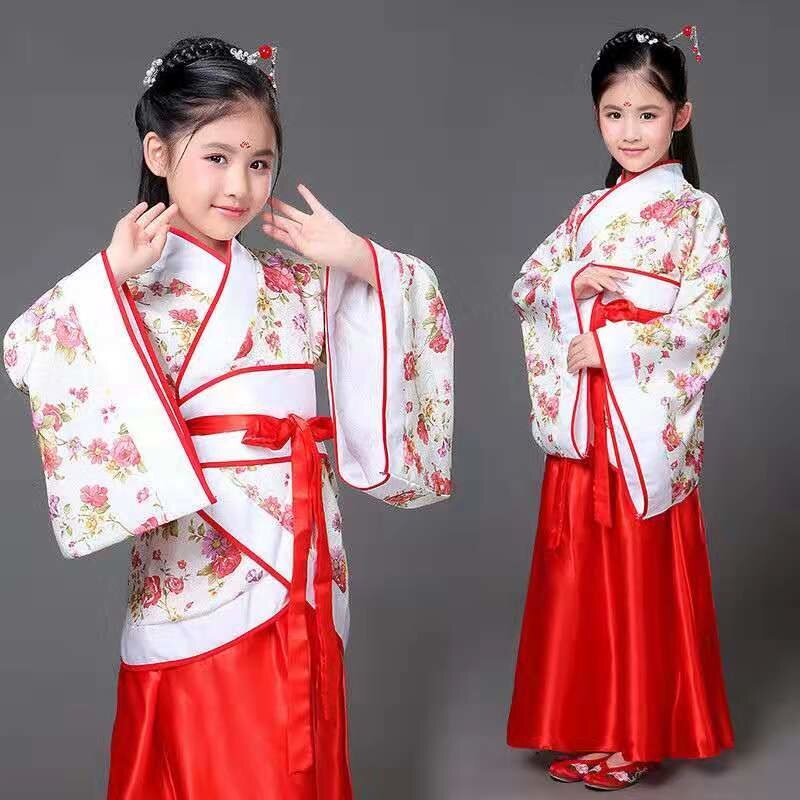 สีแดงสีขาวแบบดั้งเดิม Hanfu คอสเพลย์เสื้อผ้า Tang Dynasty Empress ชุดผู้หญิงจีนโบราณเครื่องแต่งกายจีนชุดเด็ก