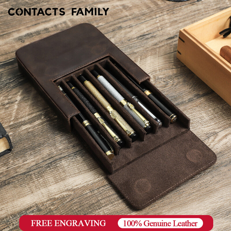 CONTACT'S FAMILY-estuche para pluma estilográfica hecho a mano para hombres y mujeres, soporte de cuero genuino, bolsa para lápices, caja de bolígrafos Retro, organizador para la escuela y la Oficina