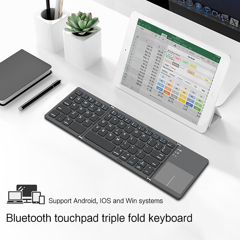 Teclado plegable inalámbrico con Bluetooth, miniteclado con panel táctil para Windows, Android, IOS, teléfono, Botón multifunción