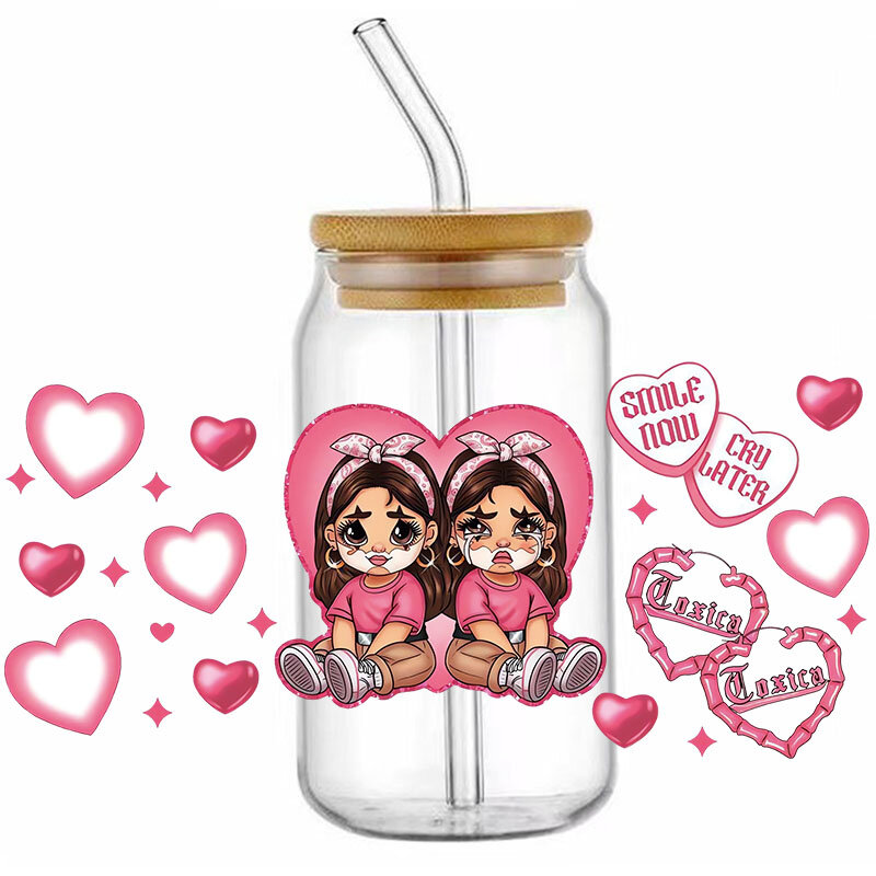 Chicano couple Valentine Day Heart UV DTF Wrap Transfer Sticker 16Oz Glass Cup Sticker Printing Lover