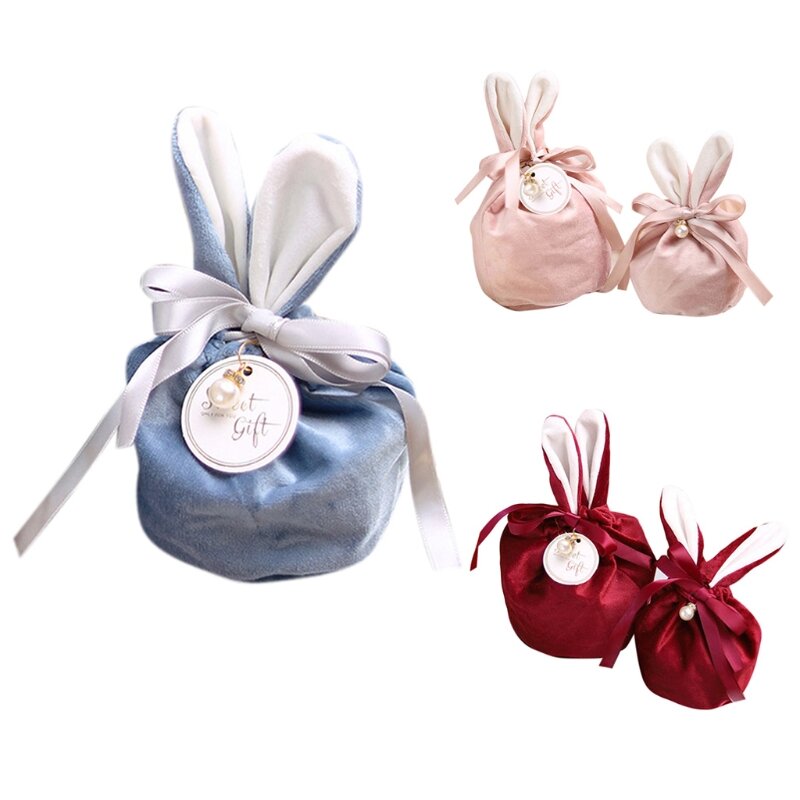 E15E Бархатная сумка с ушками пасхального кролика и конфетами, сумка для ювелирных изделий с бантом, корзина для яиц, сумка-тоут