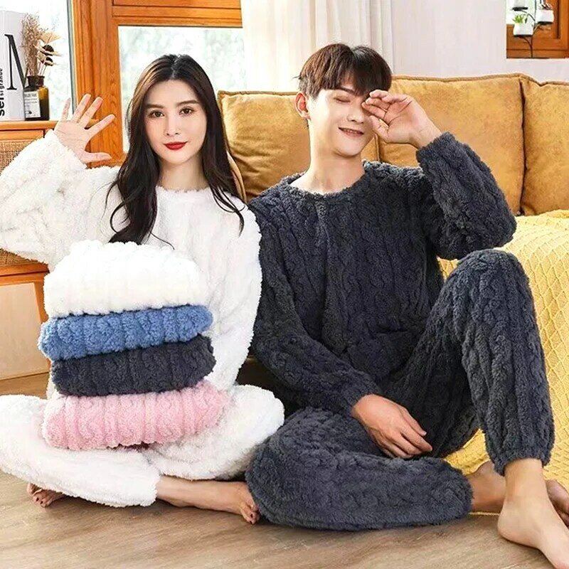 Autumn and Winter Thick Velvet Coral Fleece Pajamas Set Women Warm Flannel Jacquard Long-Sleeved 2pc Pajamas Couple Home Service