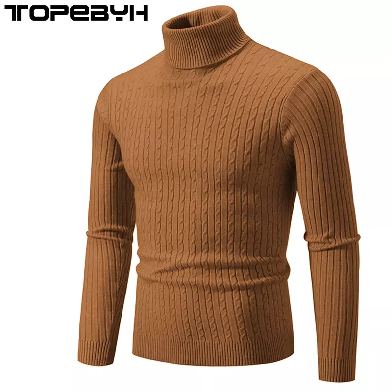 Мужской осенне-зимний вязаный свитер с высоким воротником, облегающие теплые свитеры с длинным рукавом
