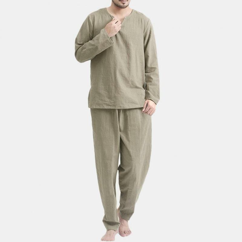 Men Pajamas Solid Color Comfortable Loose V Neck Men Pajamas for Sleeping Homewear Male Sleepwear Loose T-shitrs+Pants Sets