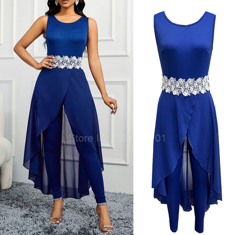 Spring Summer Women's Jumpsuit Blue V-neck Mesh Splicing Straight One-piece Female Jumpsuit Sexy Streetwear Clothes