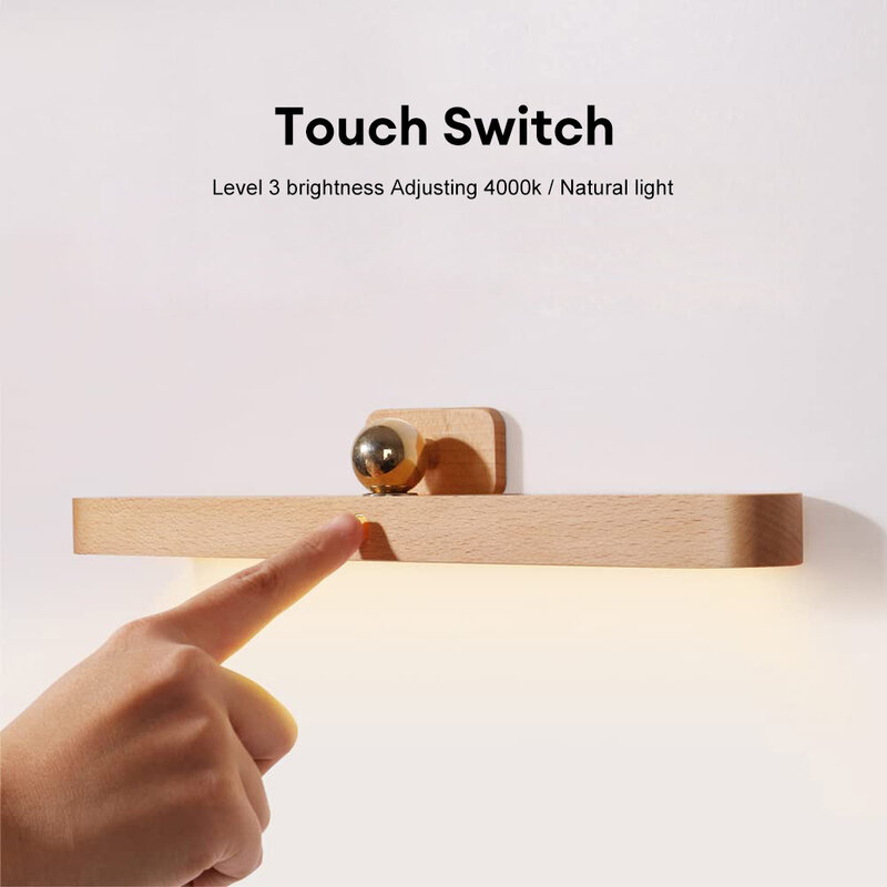 USB Magnetic carregamento madeira Espelho Frente Fill Light LED Night Light 360 ° Rotatable Touch Wall Light Quarto Bedside Lamp Home