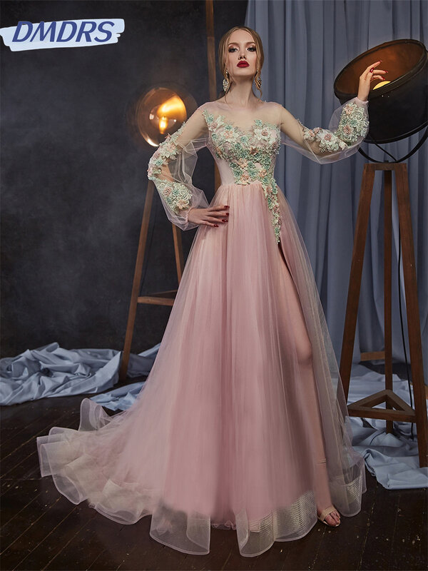 Gaun prom A-Line motif bunga bergaya gaun malam lengan panjang elegan 2024 gaun panjang selantai klasik gaun pengantin wanita