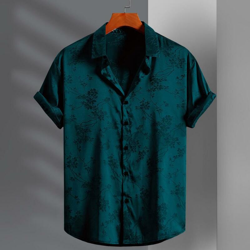 Lapel Collar Shirt Stylish Men's Embroidered Satin Button Down Shirt for Summer Vacation Beach Wear Lapel Collar Short Sleeves