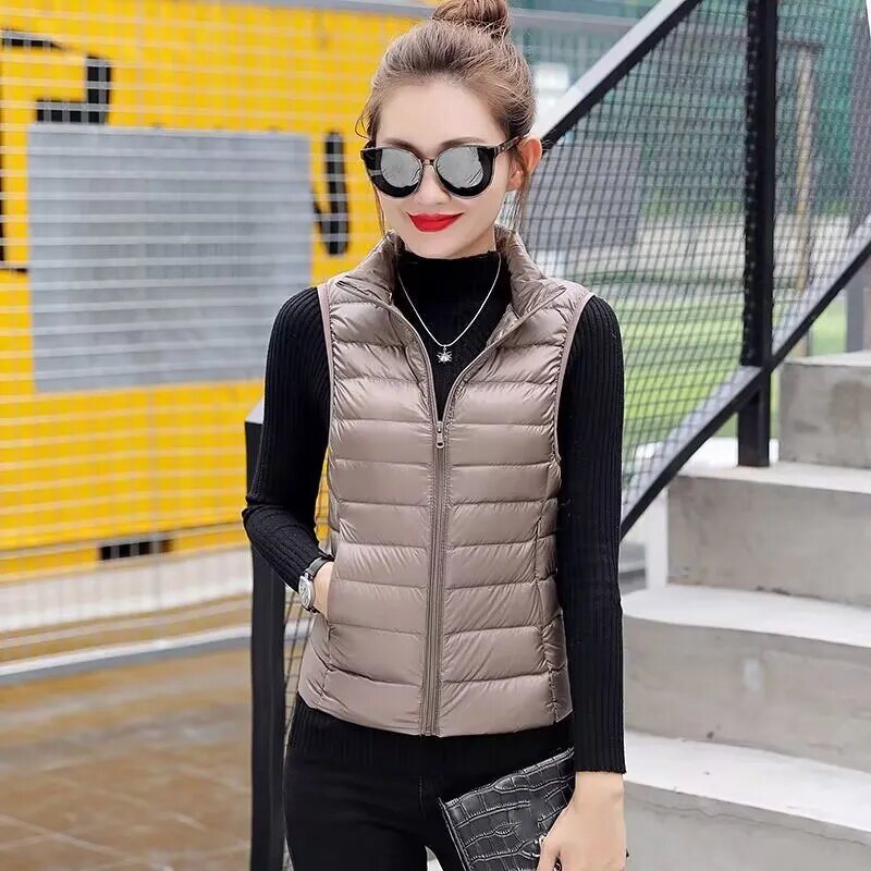 2024 Women's Clothing Down Coats White duck down slim fit new lightweight down vest short standing collar warm thin jacket vests