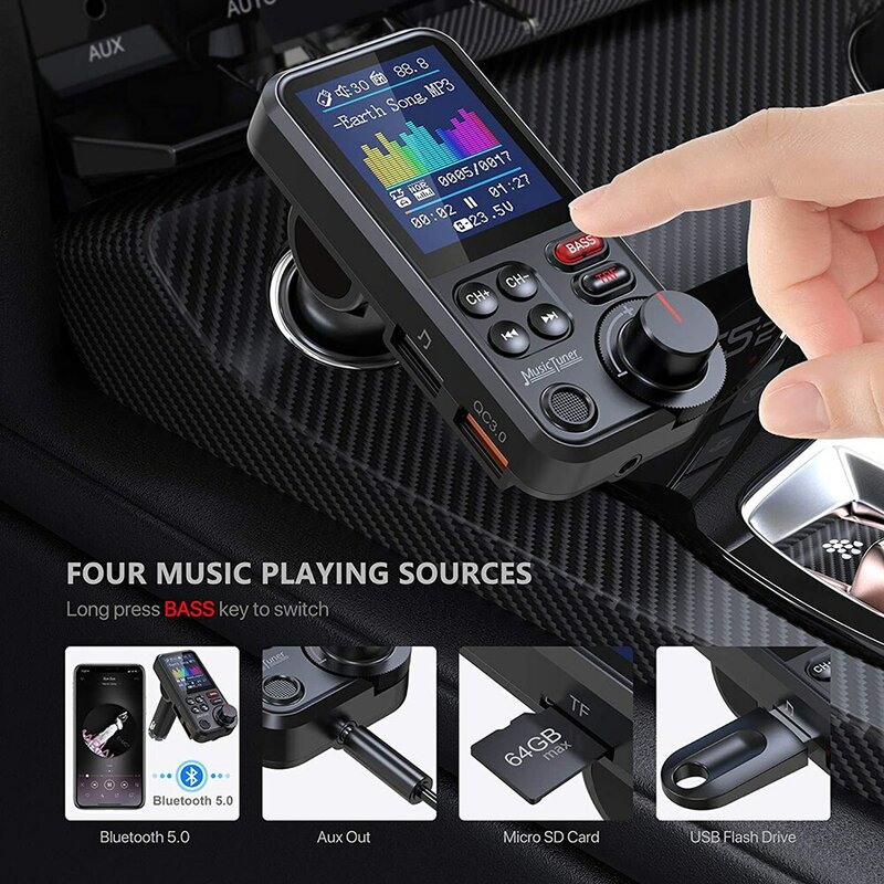 차량용 무선 블루투스 FM 송신기, Aux, QC3.0 충전 지원, 고음 및 저음 음악 플레이어, 1.8 인치