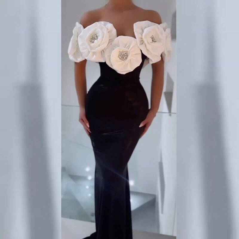 Gaun Prom Jersey malam berpayet bunga Ruched Homecoming A-line gaun acara bahu terbuka gaun panjang