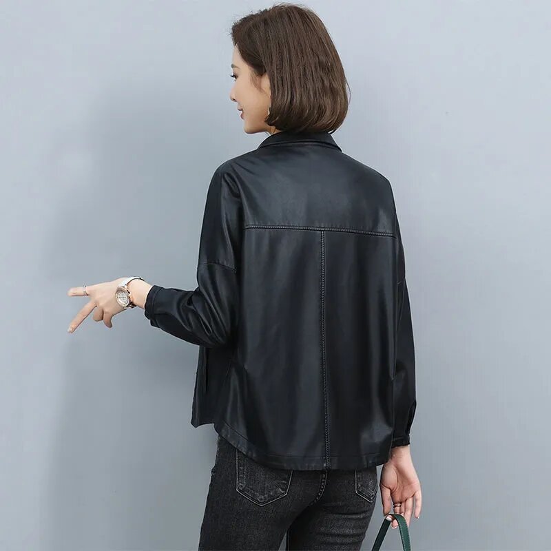 여성용 짧은 가죽 재킷, 한국 캐주얼 루즈 스탠드 칼라, 인조 가죽 재킷, 싱글 브레스트 겉옷, 봄 가을 2023