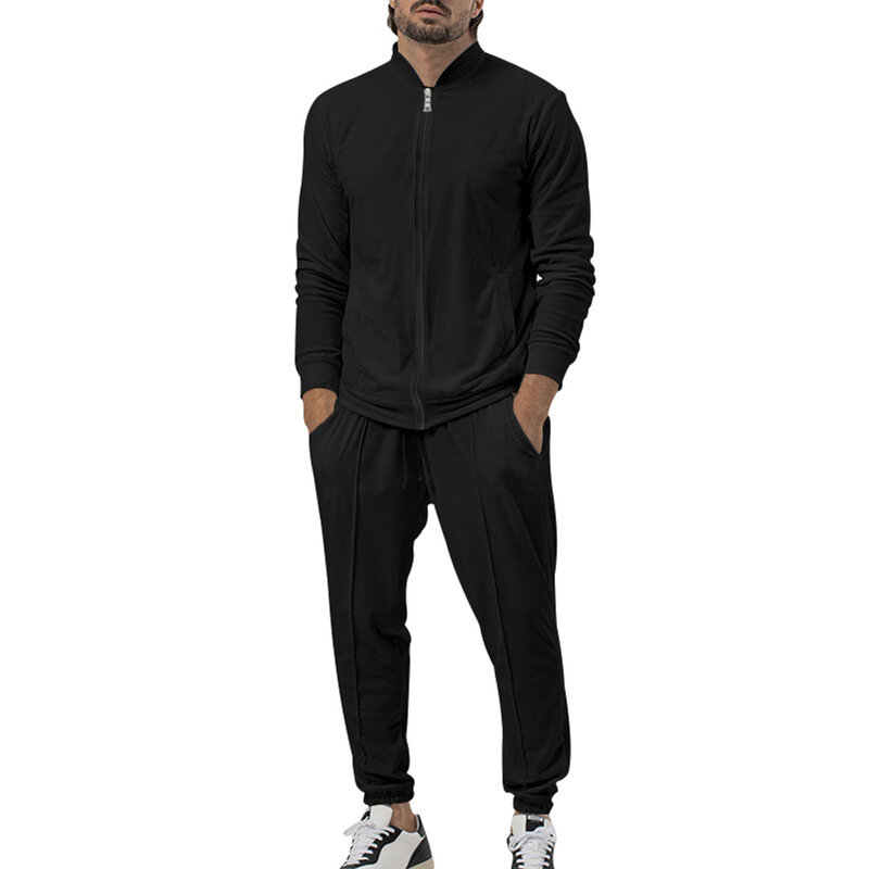 Celana panjang hangat pria, 2 pcs/Set pakaian olahraga celana Set warna Solid lengan panjang Zip-Up jaket pinggang elastis Streetwear