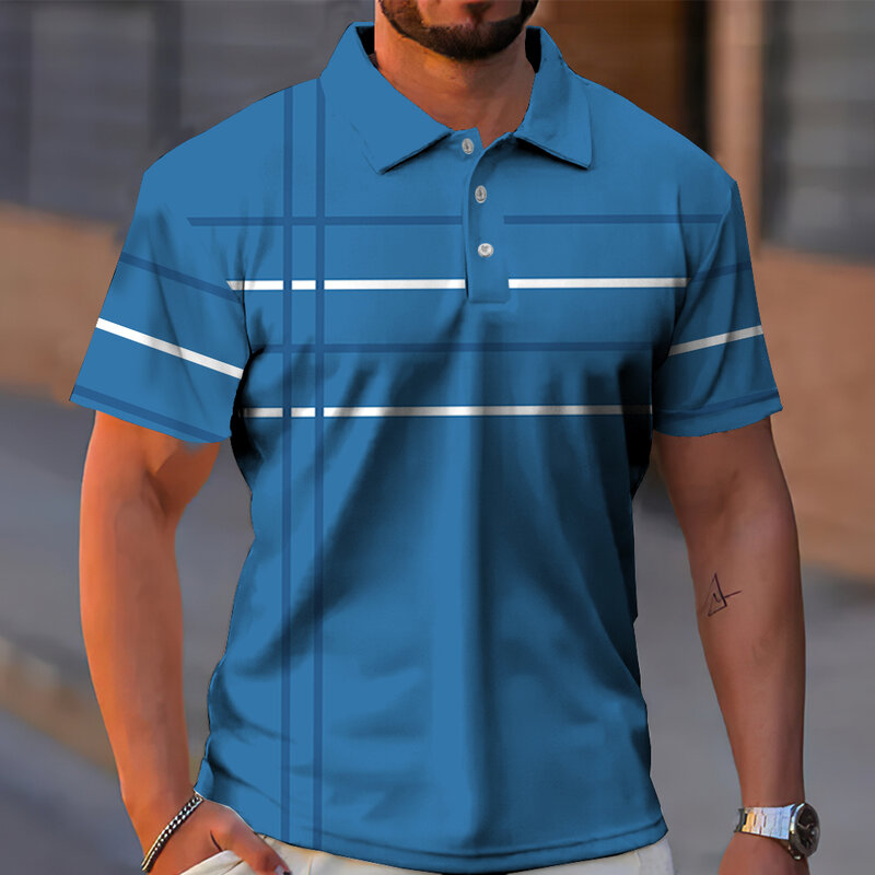 Camisa polo manga curta masculina gradiente, tops casuais de lapela diária, camiseta de verão, camiseta listrada na moda, roupa masculina