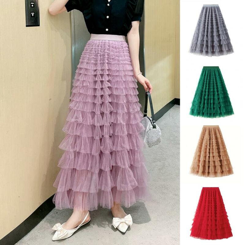 Elegant A-line Skirt Elegant Women's High Waist A-line Maxi Skirt with Ruffle Detail Elastic Waist Princess Style Pleated for A