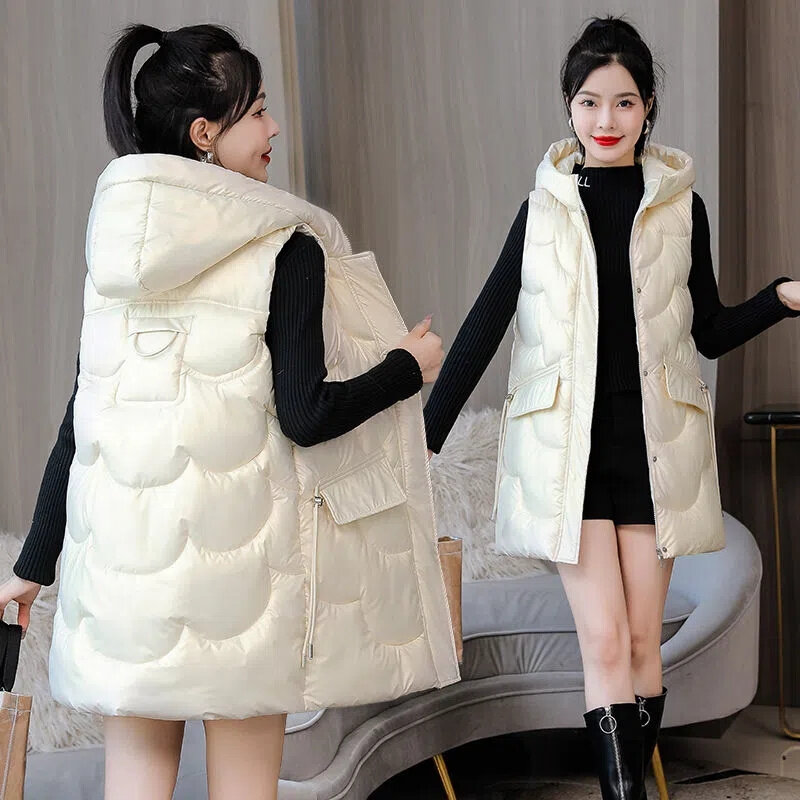 다운 코튼 조끼 여성용 중간 길이 후드 조끼, 밝은 표면 워시 프리 아웃웨어 조끼 재킷, 2022 가을 겨울 신상품
