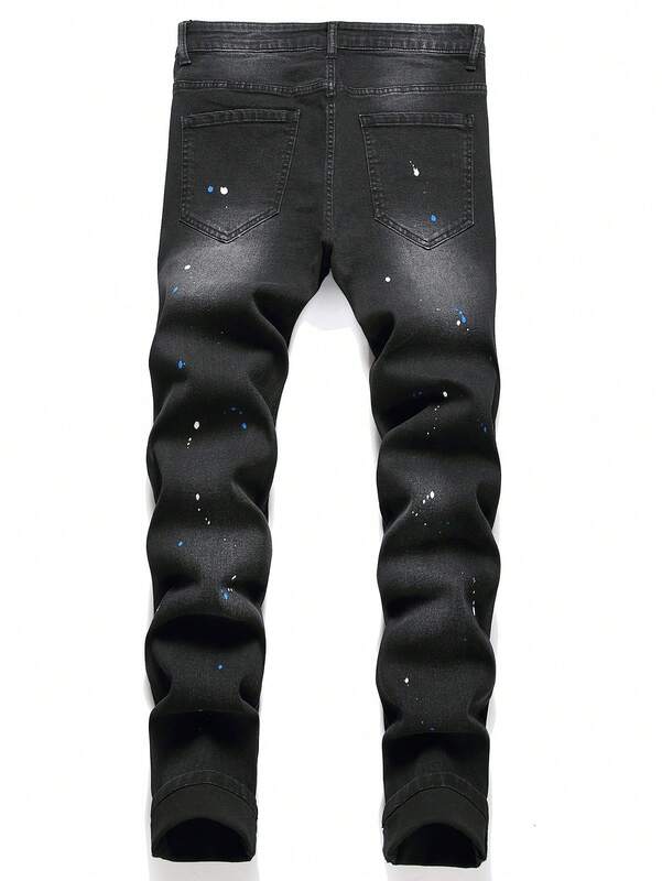 Mannen Rekbare Gescheurde Skinny Biker Borduurwerk Cartoon Print Jeans Vernietigde Gat Slim Fit Denim Hoge Kwaliteit Hiphop Zwarte Jeans