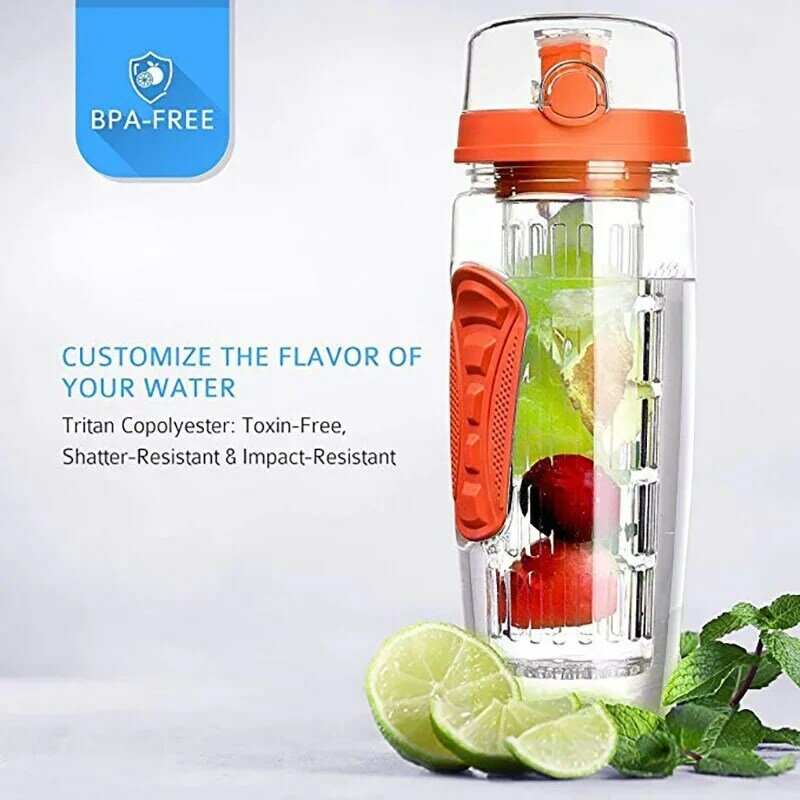 Garrafa d'água com infusor de frutas, garrafa de plástico livre de bpa com 1000ml para infusor de frutas com infusor de suco, agitador para beber garrafa de água